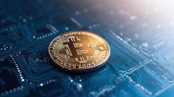 Digital currency coin on circuit board background symbolizes electronic trading and finance photo
