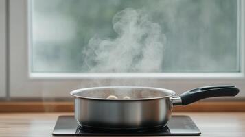 Steaming saucepan on stove with rising vapor creates cozy atmosphere photo