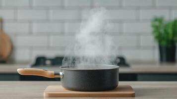 saucepan with steam rising, placed wooden cutting board modern kitchen. scene evokes warmth photo