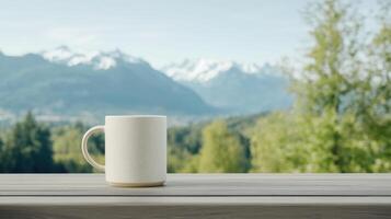 serene coffee mug sits on wooden table, overlooking breathtaking mountain view photo