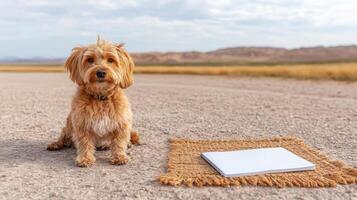 Fluffy dog sitting on mat beside blank notebook in serene outdoor setting photo