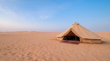 Luxurious desert tent setup in vast sandy landscape, offering serene escape photo