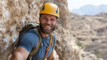 Climber smiling while rock climbing in canyon, wearing helmet and safety gear photo