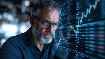 Focused financial analyst examining market trends on digital screen, showcasing data analysis photo