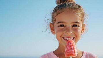 Enjoying refreshing popsicle under clear blue sky, child smiles brightly photo