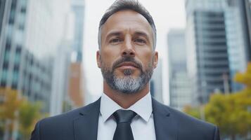 Confident businessman in suit standing in urban environment with skyscrapers photo