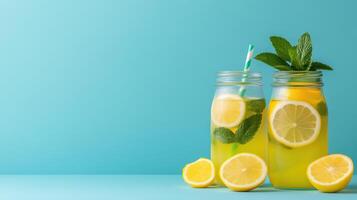 Refreshing citrus drink with lemon slices and mint leaves on bright background photo