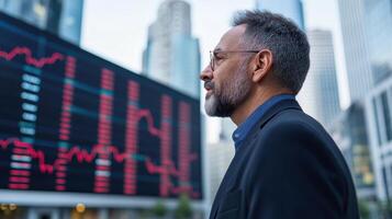 Professional man observing financial data in urban setting, reflecting on investment trends photo