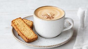 warm cup of coffee with sprinkle of cocoa sits plate beside crunchy biscuits, inviting comfort photo