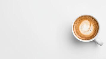 smooth espresso macchiato in white cup, showcasing beautiful swirl of foam photo