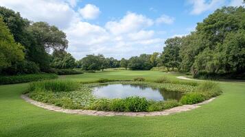 serene wetland landscape featuring circular pond surrounded by lush greenery and trees photo