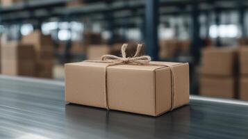 neatly wrapped package sits on conveyor belt in warehouse, ready for shipment photo