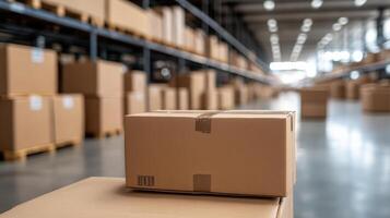 Cardboard boxes stacked in warehouse, showcasing organized storage and logistics photo