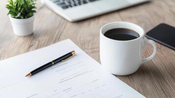 clean workspace featuring coffee cup, pen, and financial documents creates productive atmosphere photo