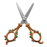 Charming scissors with intricately carved wooden handles adorned with flourishing floral details. A delightful, artistic blend of nature and utility. png