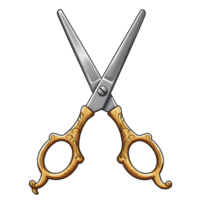 A pair of elegant scissors with ornate gold handles, meticulously illustrated in a vintage style. The sharp blades and detailed handles create a sophisticated feel. png