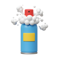 A cheerful 3D rendering shows a light blue aerosol can dispensing fluffy white foam, creating a playful and lighthearted scene. The can's simple design and vibrant colors are eye-catching. png