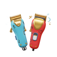 Two cheerful hair clippers, one blue and one red, playfully designed with hand-drawn details, create a fun and vibrant scene. Gold accents add a touch of elegance. png