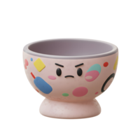 A whimsical pink bowl with a grumpy face, adorned with colorful abstract shapes, sits on a textured base. Its playful yet slightly annoyed expression creates a charmingly quirky mood. png