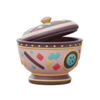 A whimsical 3D-rendered bowl, adorned with vibrant geometric patterns, sits slightly ajar, revealing a glimpse of its colorful interior. Playful and charming png
