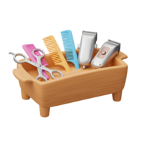 A cheerful 3D rendering of colorful combs, scissors, and clippers neatly arranged in a rustic wooden tray. Bright and inviting png