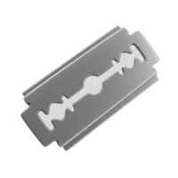 A single, sharp razor blade, gleaming metallic grey, rests against a clean white background. Its intricate details are highlighted, creating a stark, industrial mood. png