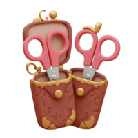 Two pairs of adorable pink scissors rest in a beautifully detailed brown leather case, adorned with gold accents. A delightful and charming 3D scene. png