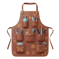 A charming, brown leather barber apron brimming with tools, meticulously illustrated. The apron's pockets hold shears, combs, razors, and more, creating a warm, inviting scene. png