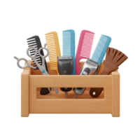 A cheerful collection of colorful hair combs, clippers, scissors, and a brush sits neatly in a rustic wooden crate. Bright and inviting png