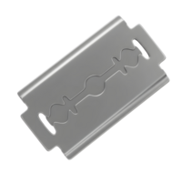 A single, sharp double-edged razor blade, gleaming metallic gray against a stark white backdrop. Its minimalist design is striking. png