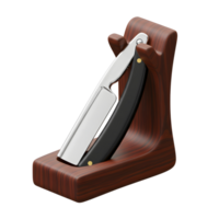 A gleaming straight razor rests elegantly in its rich, dark wood stand. The polished blade and contrasting handle create a sophisticated and timeless aesthetic. png
