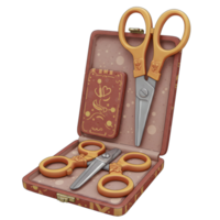 A quaint, illustrated set of scissors rests in its ornate case. The warm colors and delicate details create a charming, nostalgic feel. png