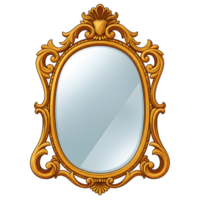 A captivating oval mirror, adorned with an elaborate gold Rococo frame, reflects a soft light. Its intricate details and regal style create a sense of timeless elegance. png