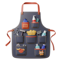 A charming 3D-rendered image showcases a dark-blue apron brimming with pet grooming essentials. Organized pockets hold scissors, razors, shampoos, and more, creating a cheerful and functional scene. png