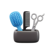 A sleek blue brush, black comb, and silver shears rest neatly in a dark gray container. Clean lines and simple shapes create a modern, minimalist feel. png