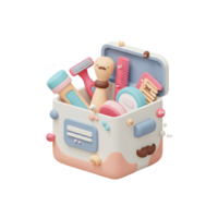 A cheerful 3D rendered scene A pastel colored box overflows with grooming tools razor, comb, brush, and more. Fun, whimsical details add to the charm. png