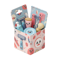 A whimsical pink box overflows with cute, cartoon-styled grooming tools. Smiling razors, combs, and shaving brushes add a touch of fun to this charming scene. png