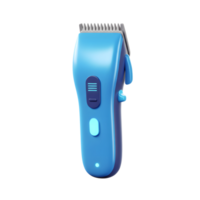 A stylish blue hair clipper stands out against a white backdrop. Its smooth curves and modern design are captivating. Notice the sleek buttons and sharp blades. png