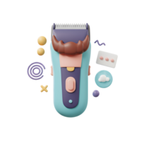 A charming 3D-rendered electric shaver, playfully designed with a cartoonish mustache, surrounded by fun, colorful shapes. Whimsical and modern png