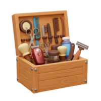A charming wooden box overflows with classic barber tools. Shiny scissors, combs, razors, and brushes hint at a nostalgic, skilled craft. png
