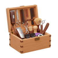 A charming wooden chest overflows with barbering essentials clippers, scissors, combs, brushes, and a straight razor. Rustic charm meets professional tools in this delightful scene. png