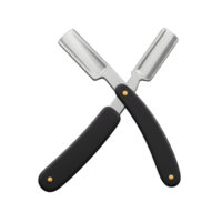 Two gleaming straight razors, crossed elegantly, their sharp blades contrasting sharply with sleek black handles. A timeless image of barbering tradition. png