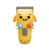 A cute, smiling yellow hair clipper, playfully rendered in 3D, boasts colorful buttons and a cheerful cartoon face. It's a vibrant and fun design png