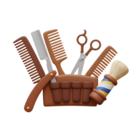 A delightful 3D rendering showcases a barber essential tools combs, razor, scissors, and shaving brush neatly arranged in a brown leather pouch, creating a vintage and professional feel. png