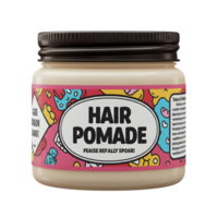 A whimsical jar of hair pomade features a vibrant pink and blue cartoon label. Fun characters and playful designs create a cheerful, quirky vibe. png
