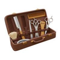 A charming brown leather case holds a curated set of barber tools scissors, combs, razors, and brushes creating a nostalgic, professional vibe. png