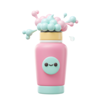 A cheerful pink cream bottle playfully erupts with a pastel-colored foam cloud, creating a light and fun atmosphere. The cute face adds to its charm png