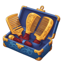 A charming blue chest reveals three ornate gold combs, their intricate details gleaming. A whimsical, enchanting scene. png