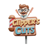 A charming 3D cartoon barber happily holds clippers above a retro-styled 'Clipper's Cuts' sign, creating a fun and inviting atmosphere. png
