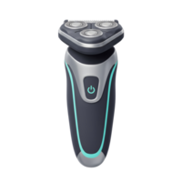 A modern electric razor with a sleek, dark gray body and teal accents. The three-head shaving system promises a close, comfortable shave. Clean lines and stylish design. png